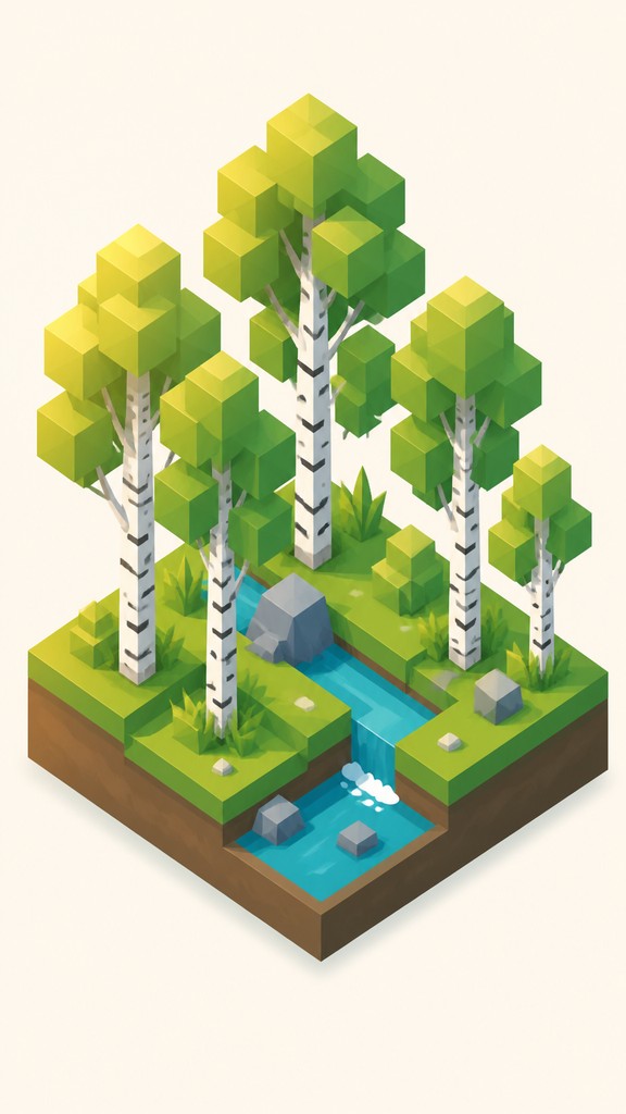 a serene birch forest in soft morning light, no people, no text — Isometric Icon Design wall art print