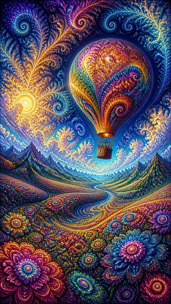 a hot air balloon drifting over rolling flower fields on a sunny day, cheerful, no text — Fractal Abstract Art Style greeting card
