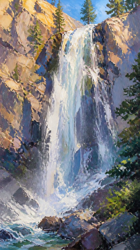 towering waterfall cascading down a cliff — Plein Air Landscape Art Style