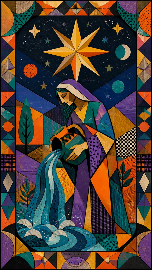 a robed figure pouring water beneath a large eight-pointed star in a night sky, symmetrical composition with an ornate decorative border, no text — Synthetic Cubism Art Style tarot card