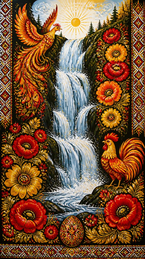 towering waterfall cascading down a cliff — Ukrainian Art Style