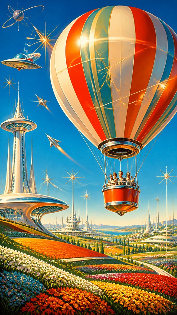 a hot air balloon drifting over rolling flower fields on a sunny day, cheerful, no text — Retro Futurism Sci-Fi Art greeting card