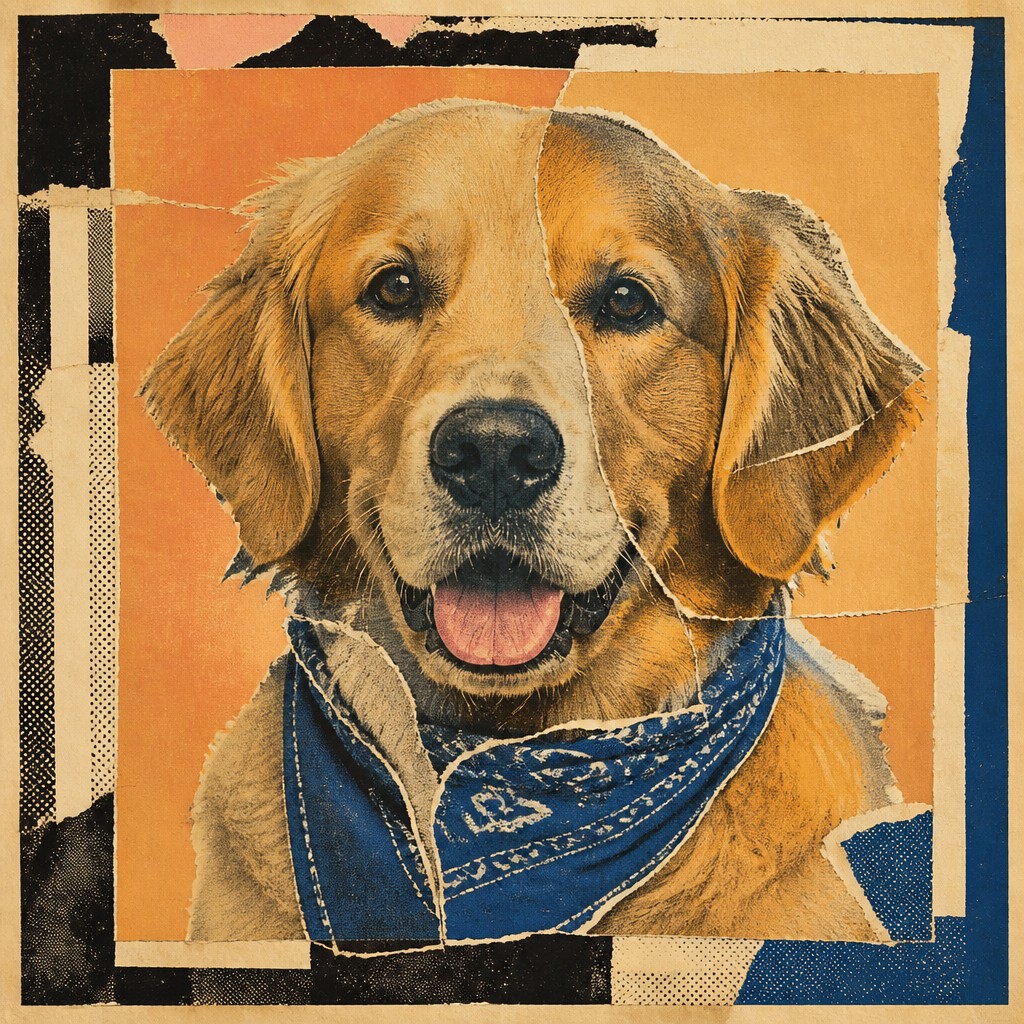 portrait of a golden retriever wearing a blue bandana, warm plain backdrop, no text — Appropriation Art Style pet portrait