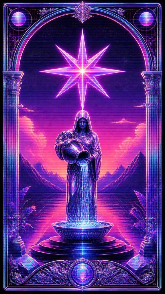 a robed figure pouring water beneath a large eight-pointed star in a night sky, symmetrical composition with an ornate decorative border, no text — Vaporwave Art Style tarot card