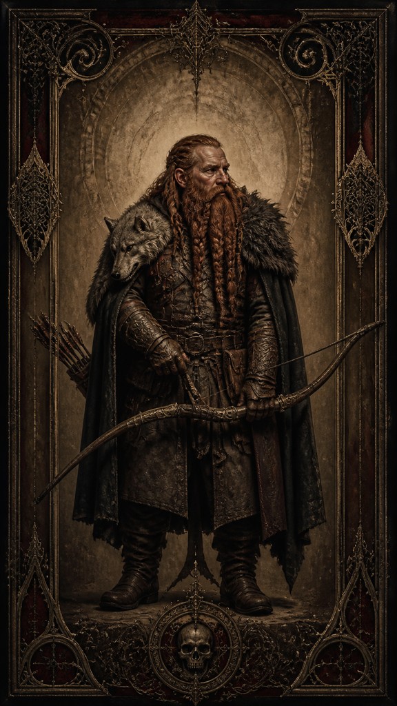 full-body original character: a dwarven ranger with a braided auburn beard, worn leather armor, a longbow and a wolf-pelt cloak, neutral background, no text — Victorian Gothic Art tabletop character portrait