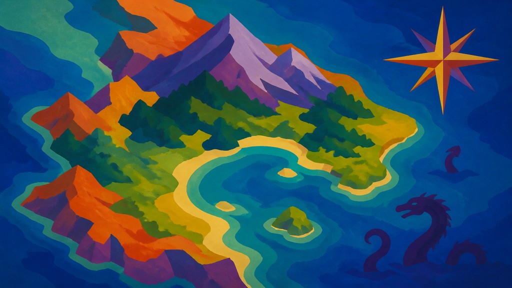 a map of an island realm with mountains, forests, a sheltered bay, sea monsters in the water and a compass rose, no text labels — Color Field Abstract Art Style fantasy map