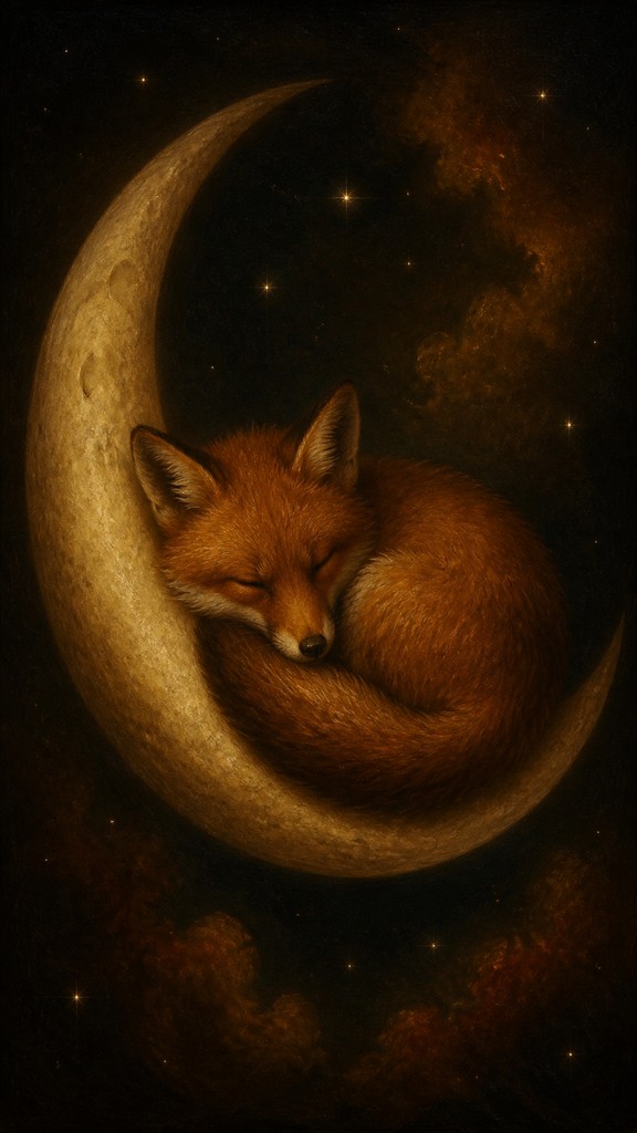 a sleeping baby fox curled on a crescent moon among soft stars, gentle and warm, no text — Renaissance Portrait Art Style baby announcement