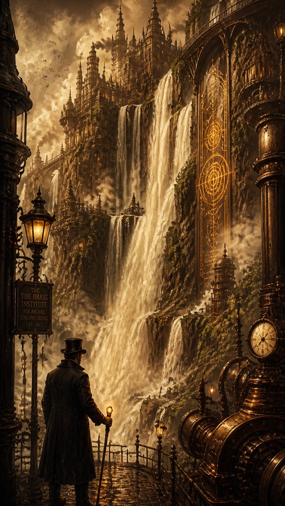 towering waterfall cascading down a cliff — Steampunk Fantasy Art