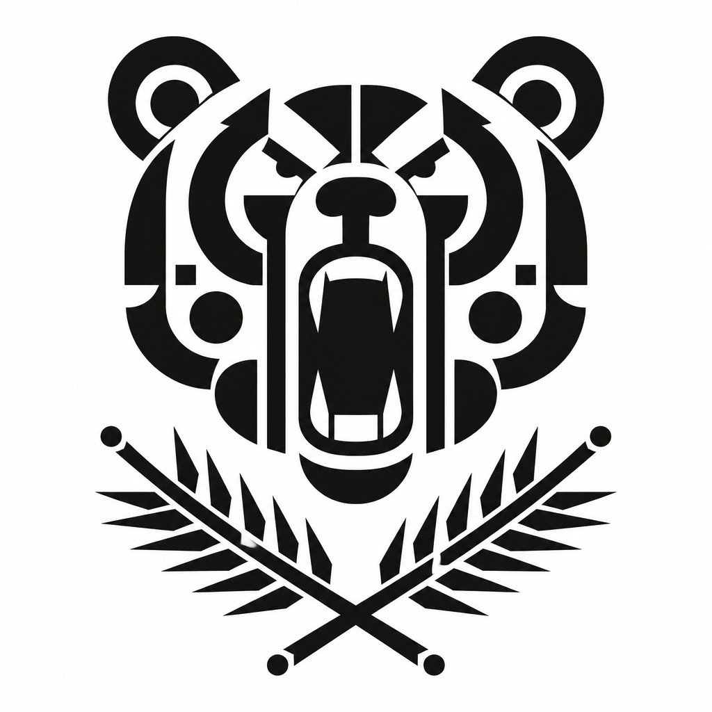 a roaring bear head above crossed pine branches, bold graphic composition on a plain background, no text — Typographic Minimalism Art Style t-shirt design