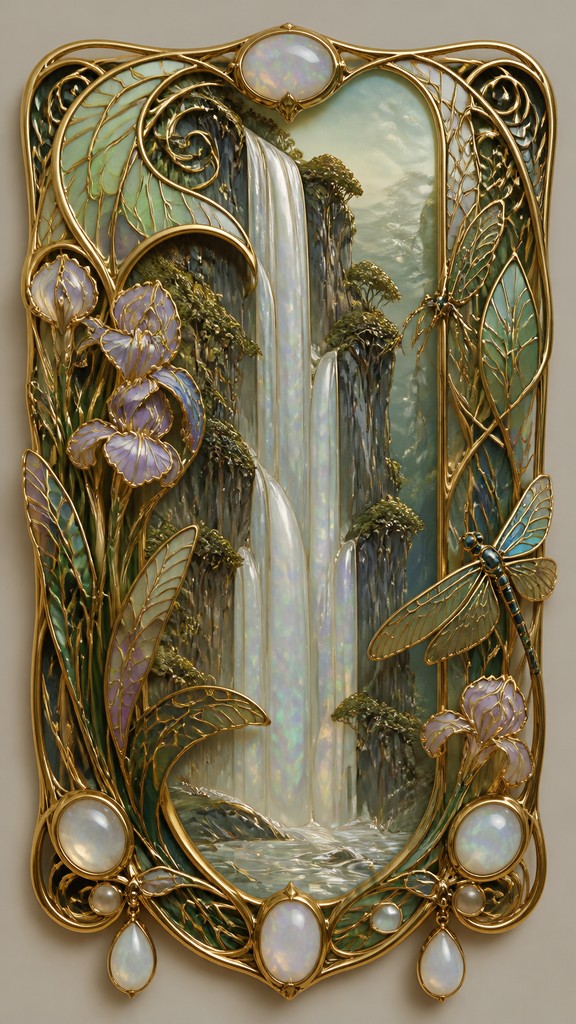 towering waterfall cascading down a cliff — Art Nouveau Jewelry Design