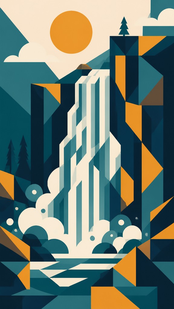 towering waterfall cascading down a cliff — Abstract Geometric Art