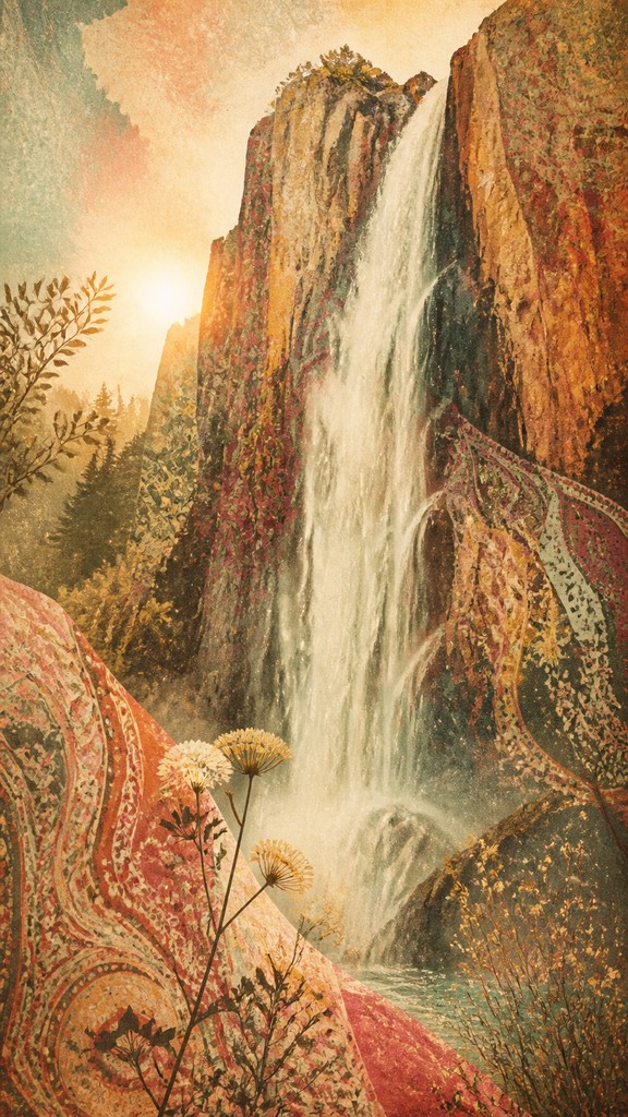 towering waterfall cascading down a cliff — Bohemian Fashion Design