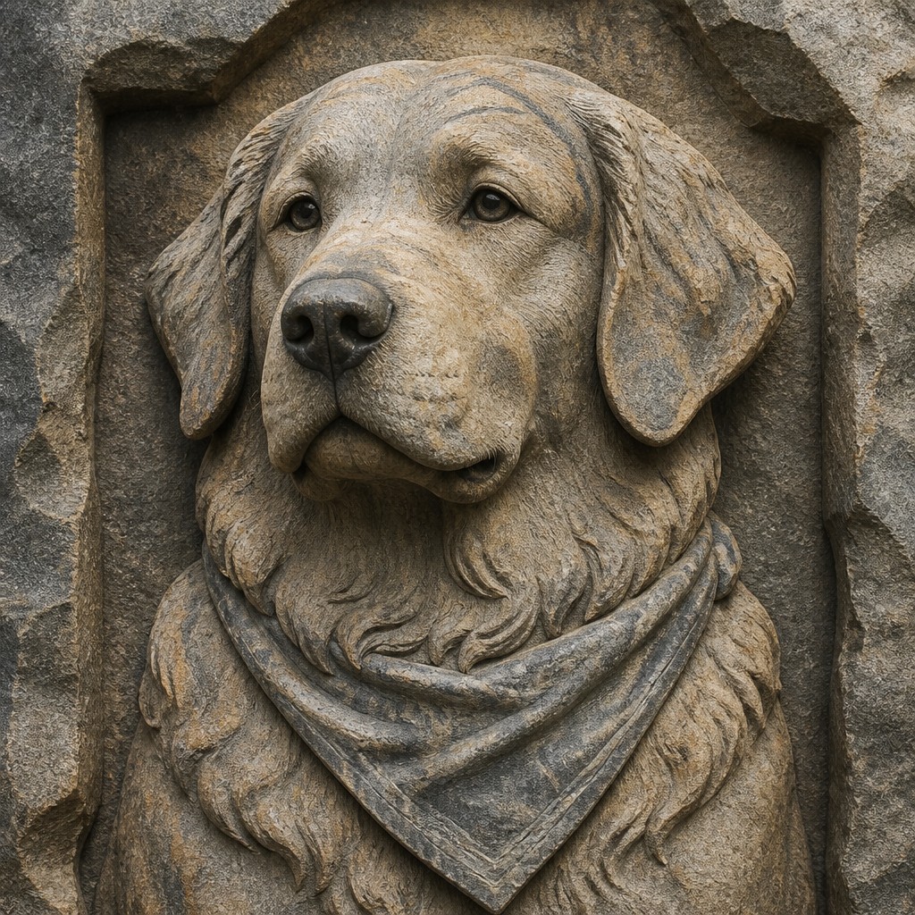 portrait of a golden retriever wearing a blue bandana, warm plain backdrop, no text — Stone Carving Sculpture Art Style pet portrait