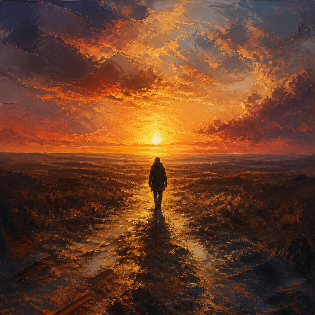 a solitary figure walking toward a glowing horizon across an empty plain, moody atmosphere, no text or lettering — Oil Portrait Art Style album cover