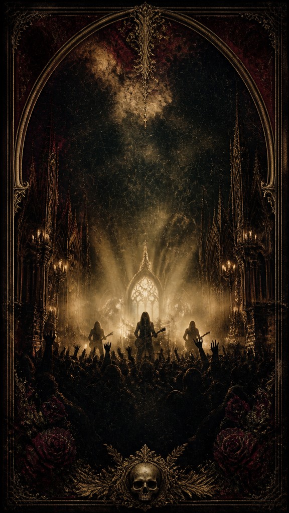 a live music scene with a glowing stage and silhouetted crowd, energetic vertical composition with open space at the top, no text — Victorian Gothic Art flyer