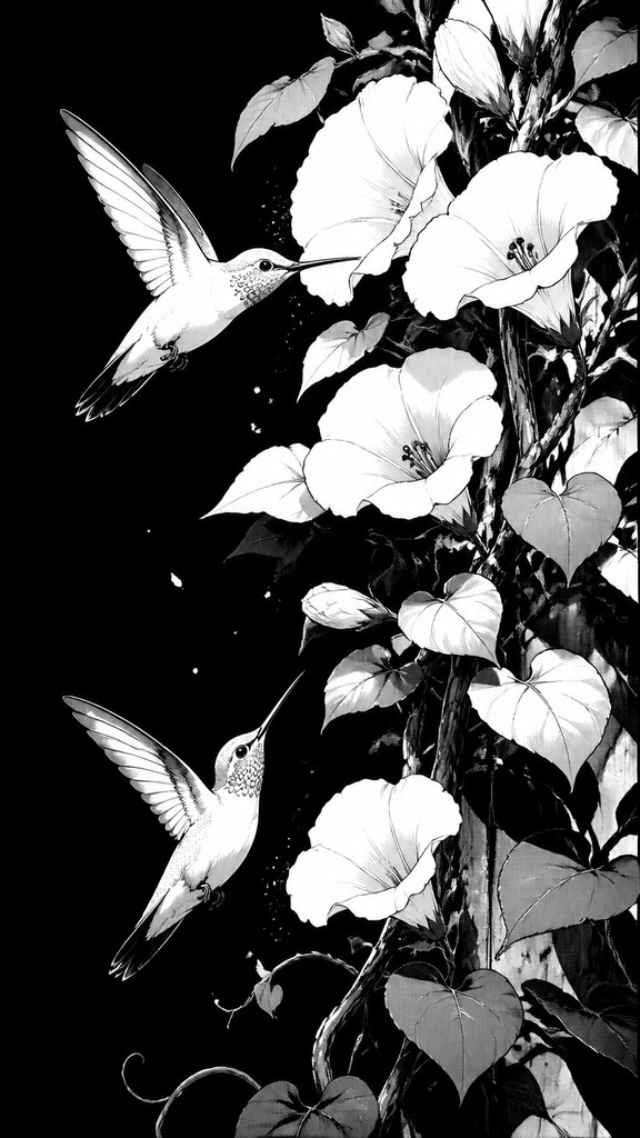 a climbing vine of flowers and hummingbirds on a dark background, tall wrapping composition, no text — Manga Art Style phone case design