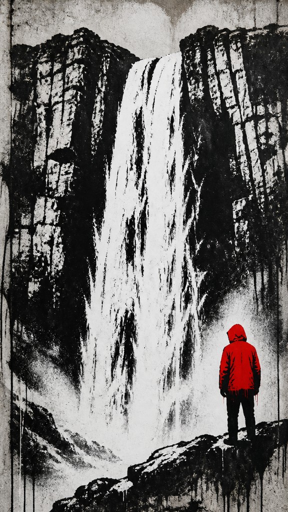 towering waterfall cascading down a cliff — Stencil Street Art Style
