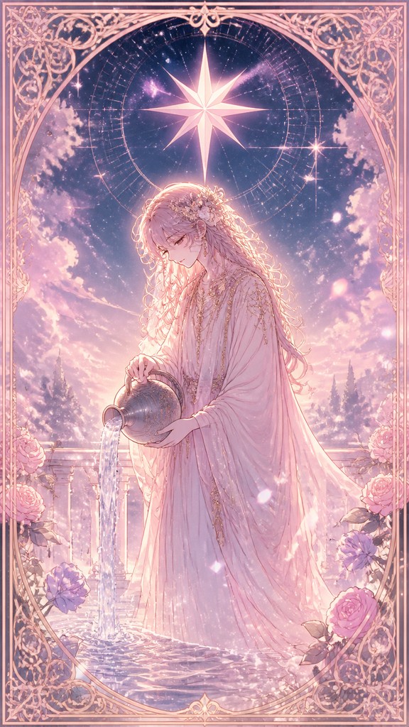 a robed figure pouring water beneath a large eight-pointed star in a night sky, symmetrical composition with an ornate decorative border, no text — Shoujo Romance Anime Art Style tarot card