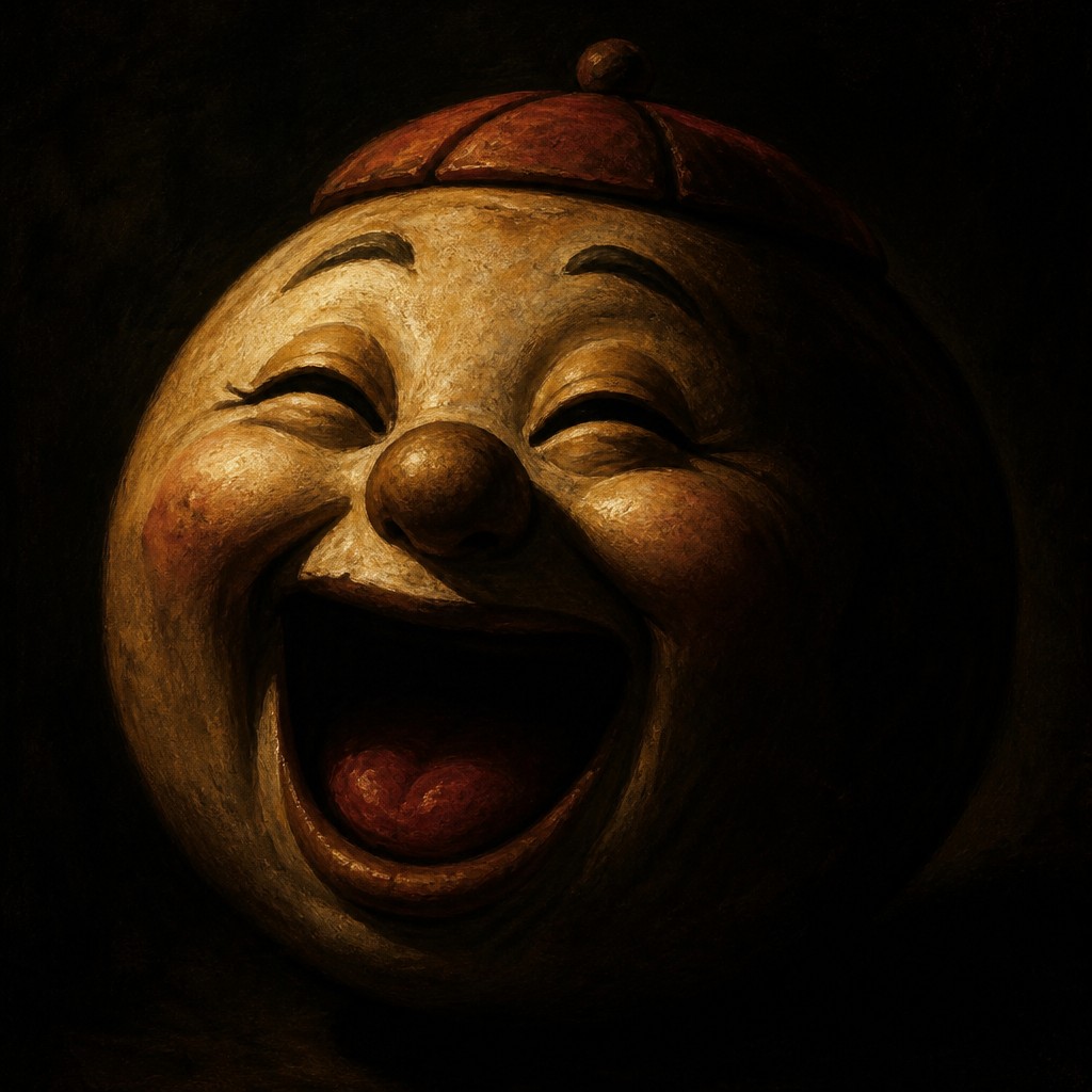an exaggerated laughing face of an original round mascot character, bold and readable at small size, plain background, no text — Caravaggio Realism Baroque Art Style Twitch emote