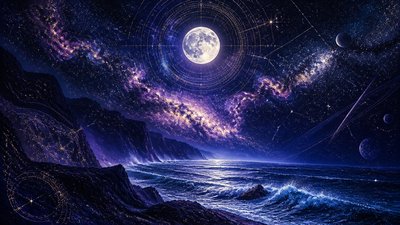 a moonlit coastline with cliffs and crashing surf, no people — Spacecore Aesthetic wallpaper