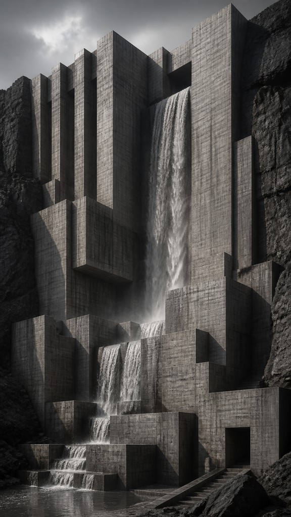 towering waterfall cascading down a cliff — Brutalist Architecture Art