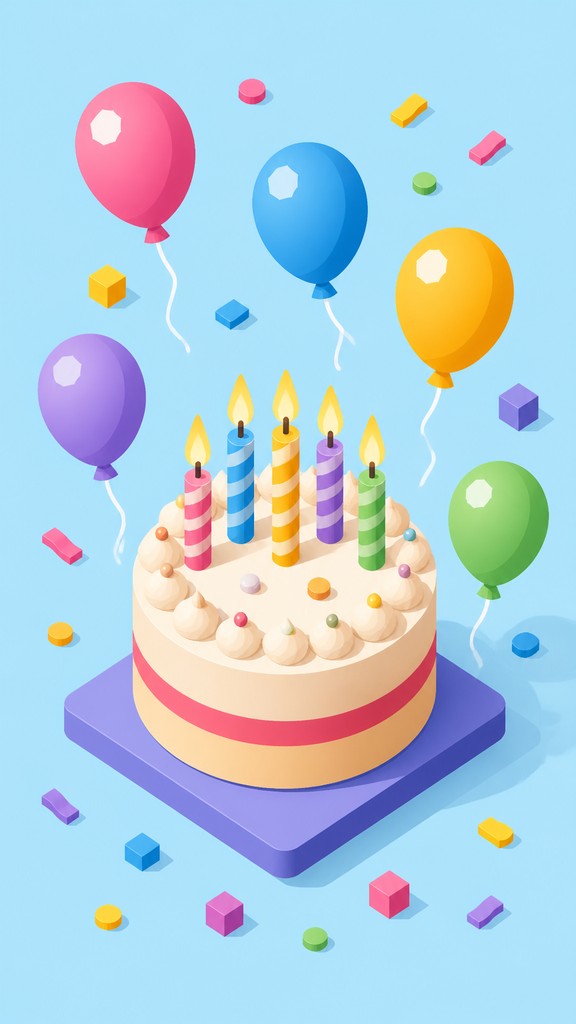 a birthday cake with lit candles surrounded by balloons and confetti, festive vertical composition, no text — Isometric Icon Design birthday card