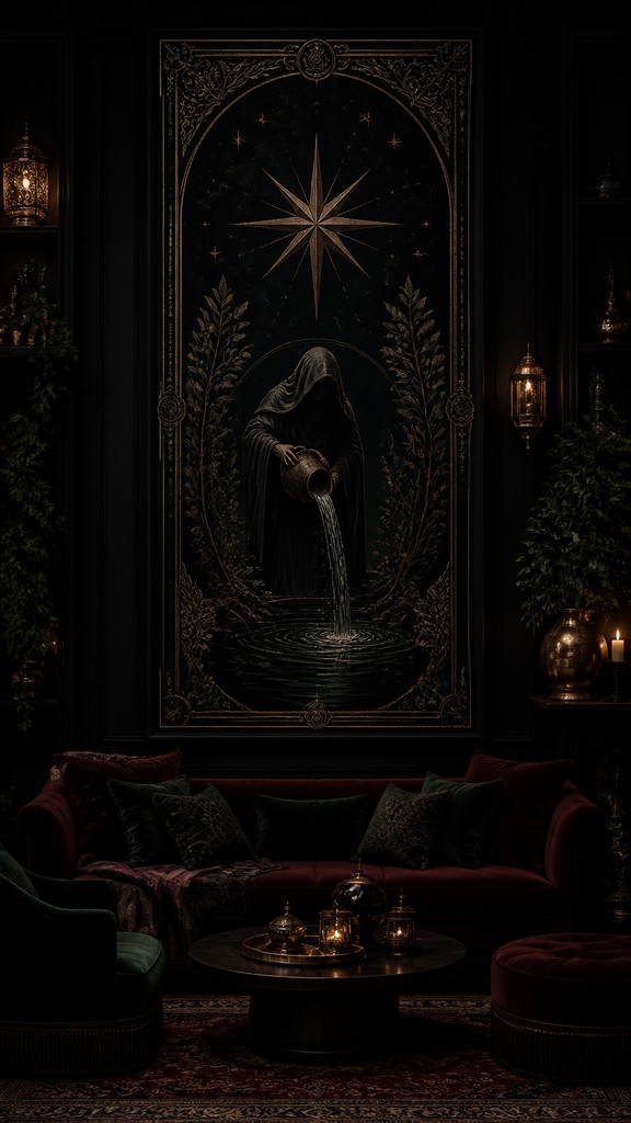 a robed figure pouring water beneath a large eight-pointed star in a night sky, symmetrical composition with an ornate decorative border, no text — Dark Moody Interior Design tarot card