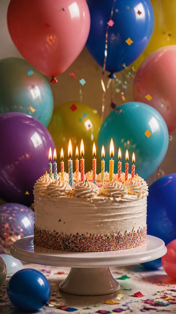 a birthday cake with lit candles surrounded by balloons and confetti, festive vertical composition, no text — Realism Art Style birthday card