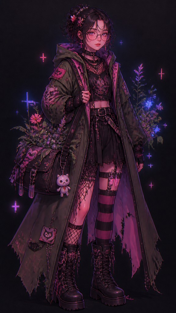 full-body original character: a wandering botanist with a satchel of plants, a patched green cloak, tall boots and round glasses, neutral background — E-Girl Aesthetic character design