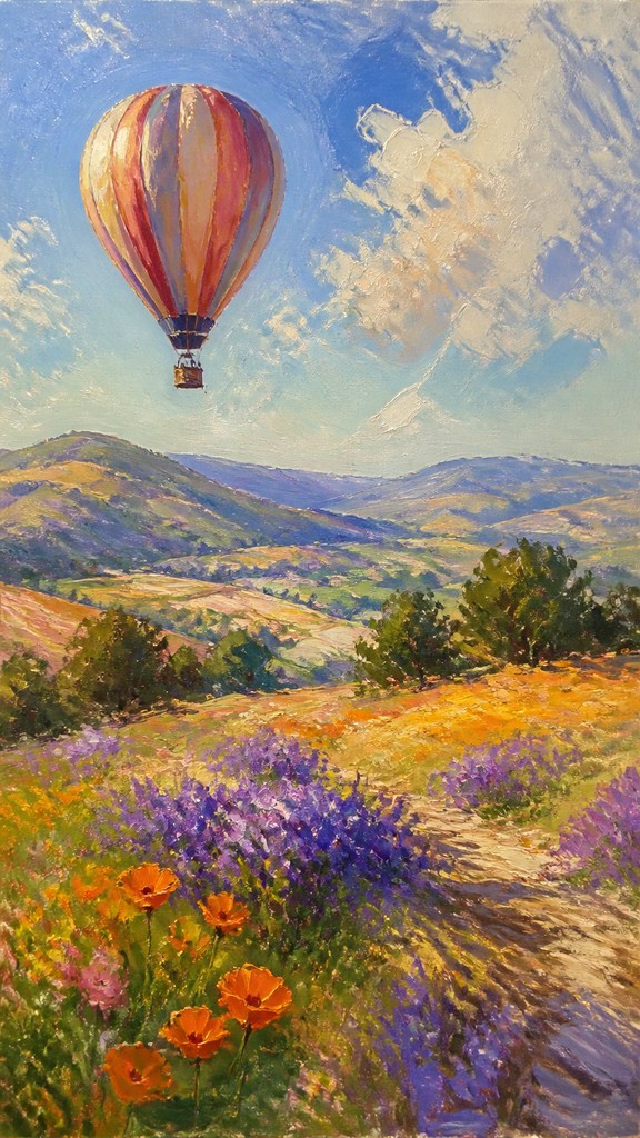 a hot air balloon drifting over rolling flower fields on a sunny day, cheerful, no text — Plein Air Landscape Art Style greeting card