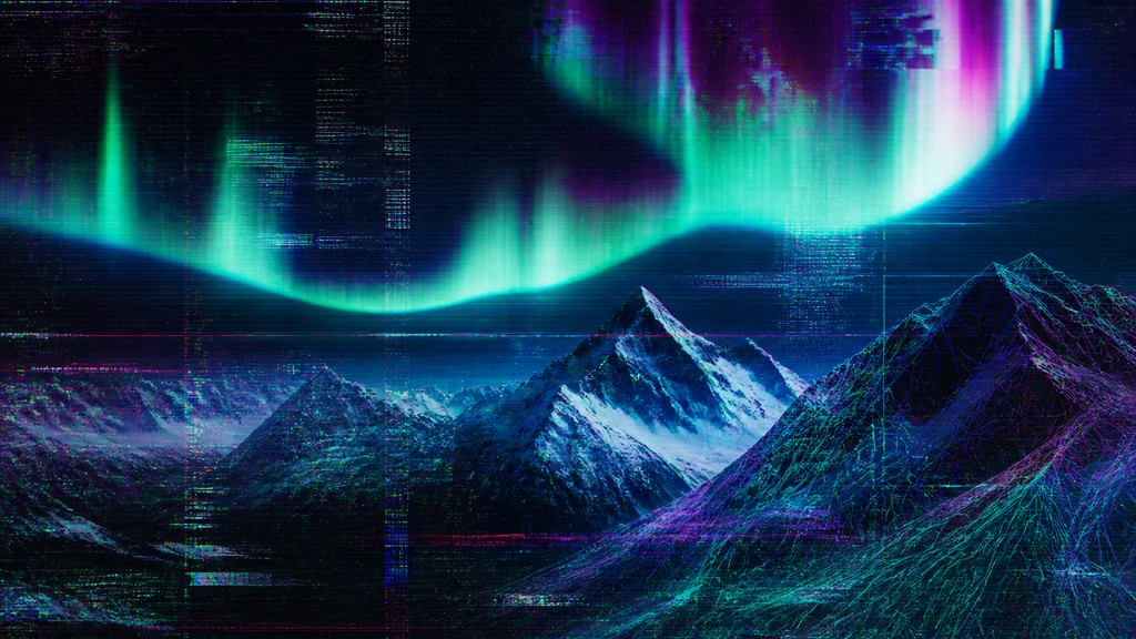 a flowing aurora over snowy peaks, wide sweeping composition, no people, no text — New Media Art Style banner