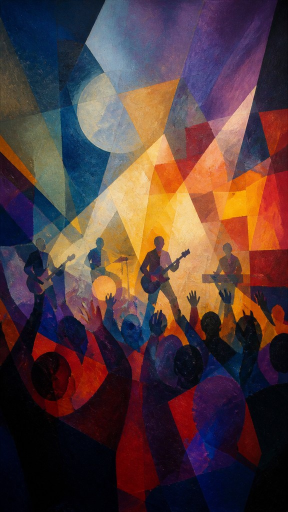 a live music scene with a glowing stage and silhouetted crowd, energetic vertical composition with open space at the top, no text — Abstract Still Life Art Style flyer