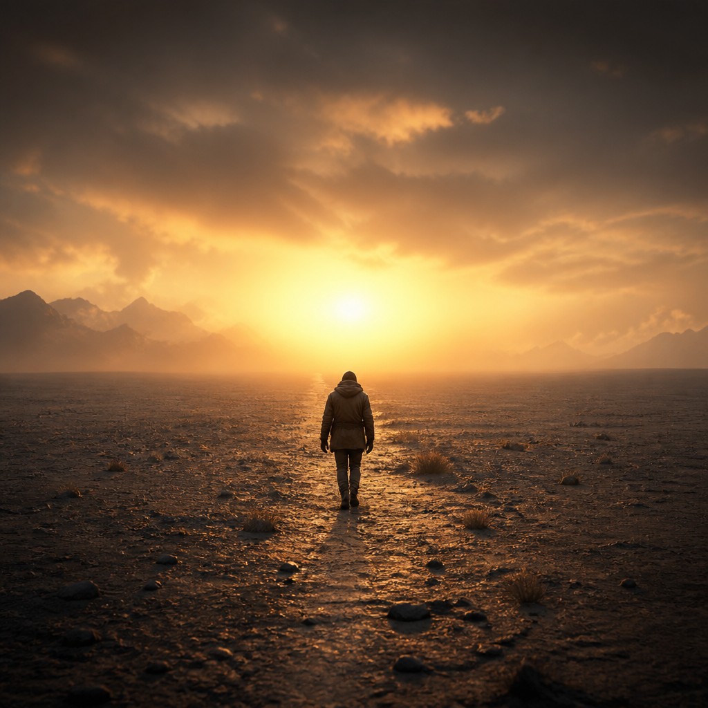 a solitary figure walking toward a glowing horizon across an empty plain, moody atmosphere, no text or lettering — 3D Rendered Digital Art Style album cover