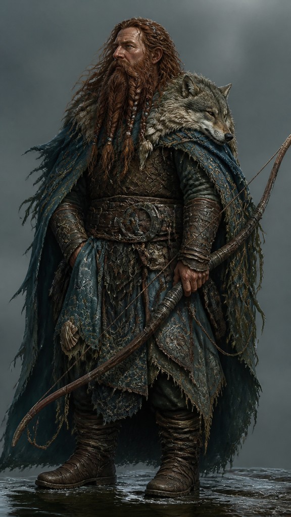 full-body original character: a dwarven ranger with a braided auburn beard, worn leather armor, a longbow and a wolf-pelt cloak, neutral background, no text — Oceancore Aesthetic tabletop character portrait
