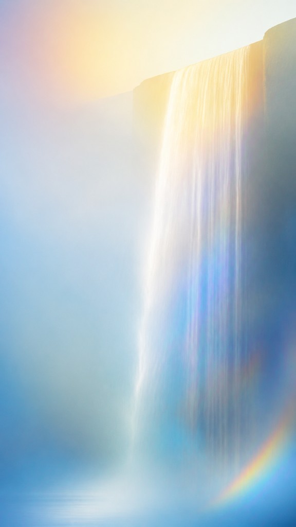 towering waterfall cascading down a cliff — Light and Space Art Style