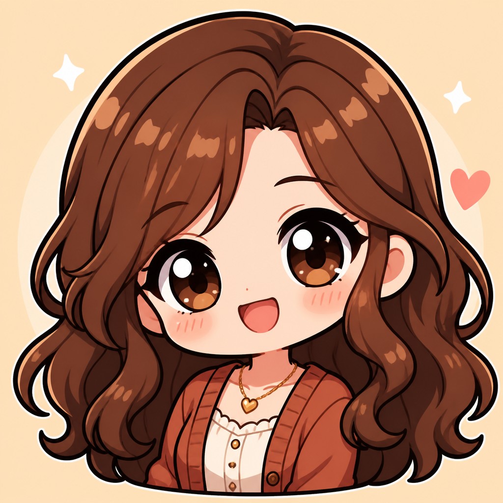 head-and-shoulders portrait of an original character: a young woman with wavy chestnut hair and a warm smile, plain soft backdrop — Chibi Anime Art Style profile picture