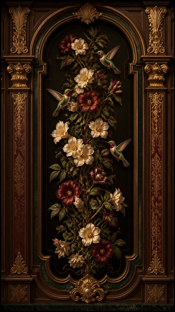 a climbing vine of flowers and hummingbirds on a dark background, tall wrapping composition, no text — Traditional Interior Design phone case design