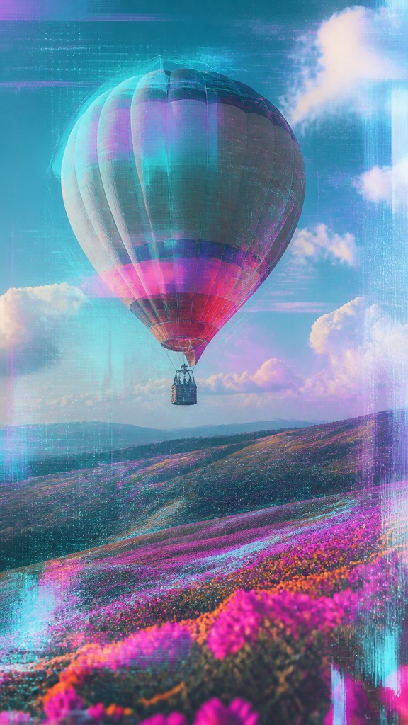 a hot air balloon drifting over rolling flower fields on a sunny day, cheerful, no text — Augmented Reality Contemporary Art Style greeting card