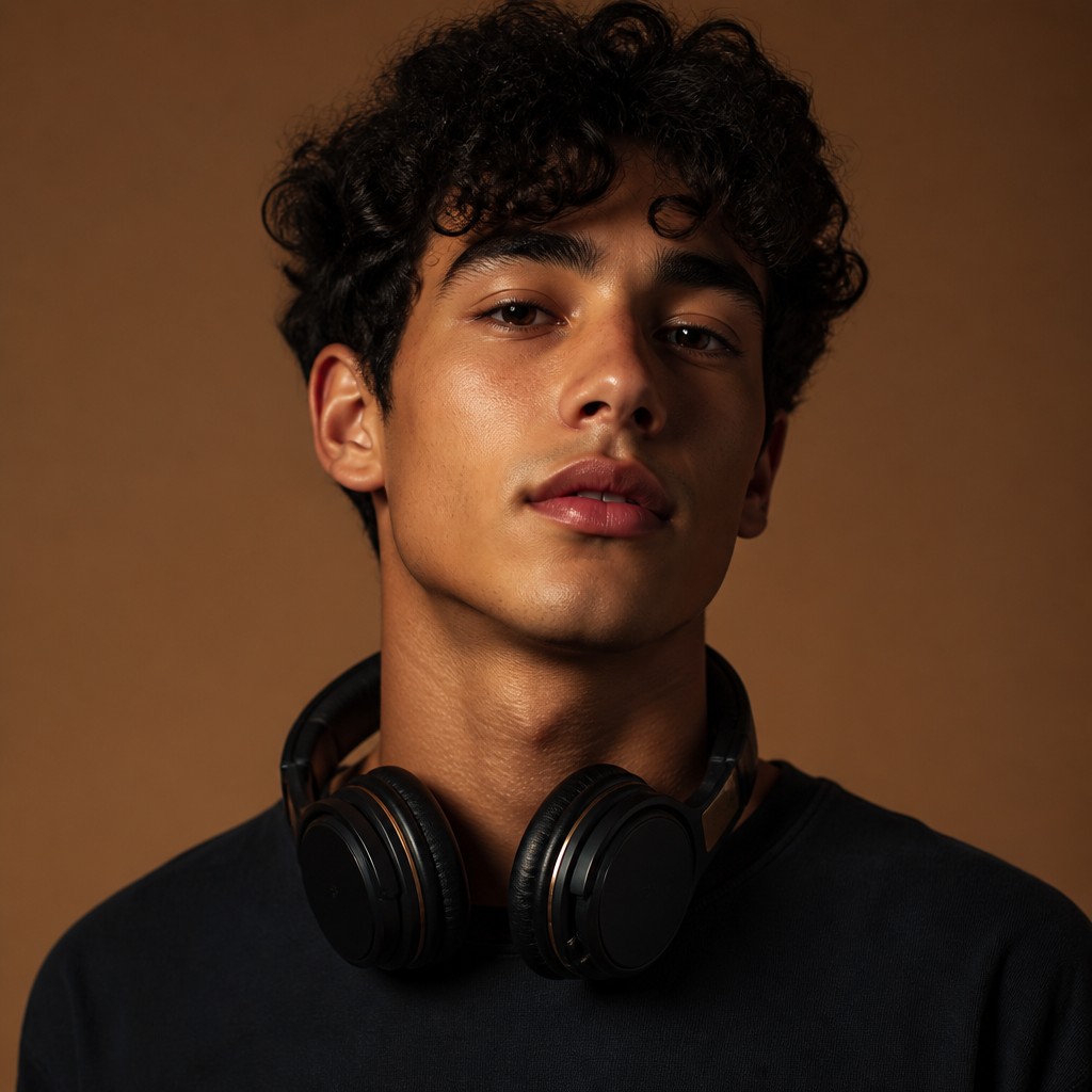 head-and-shoulders portrait of an original character: a young man with curly dark hair and headphones around his neck, plain backdrop, no text — Food Photography Still Life Art Style Discord profile picture