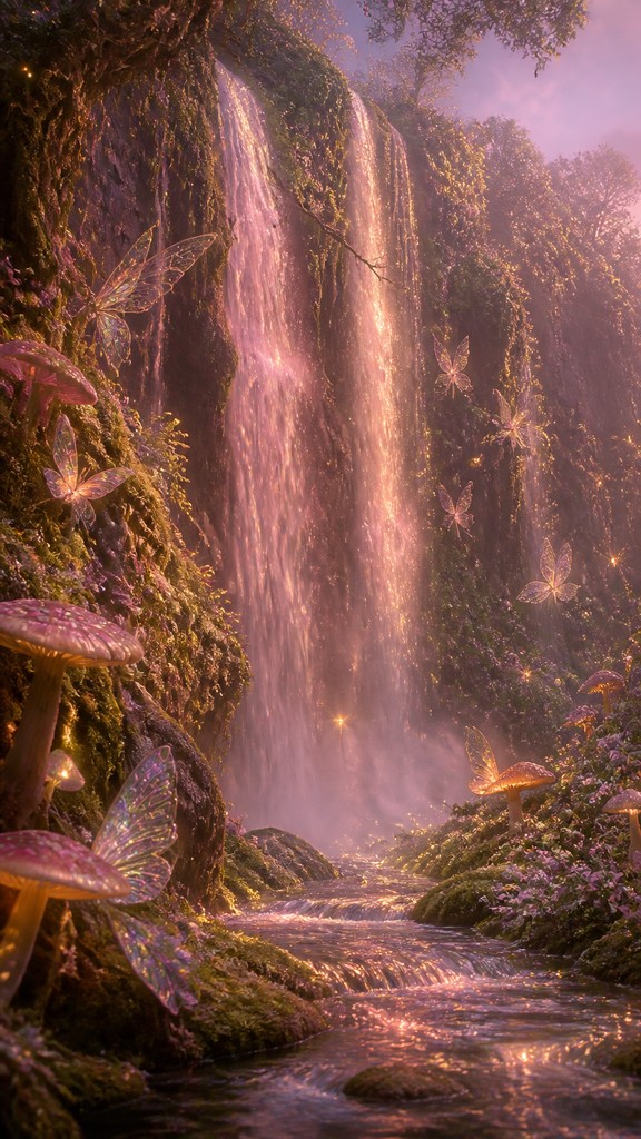 towering waterfall cascading down a cliff — Fairycore Aesthetic