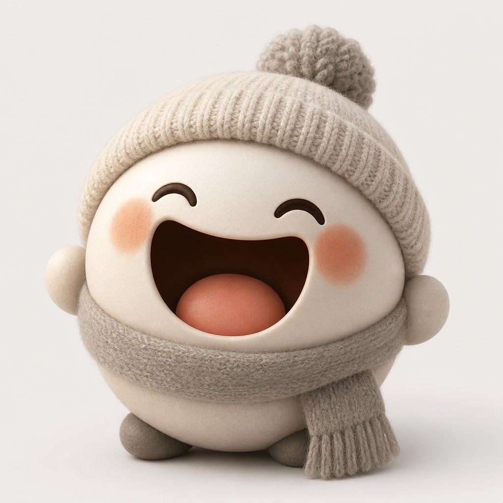 an exaggerated laughing face of an original round mascot character, bold and readable at small size, plain background, no text — Hygge Aesthetic Twitch emote