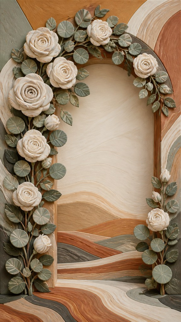 an arch of white roses and eucalyptus in soft morning light, elegant vertical composition with open space, no text — Nerikomi Ceramic Art Style wedding invitation