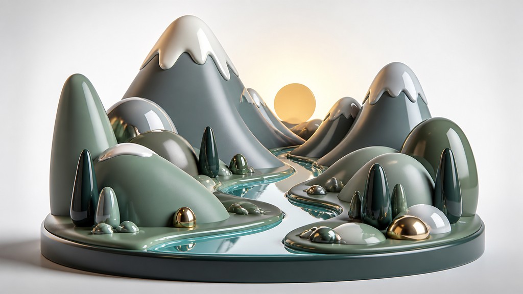 a vast valley with a river winding toward distant mountains at sunrise, no people, no text — Art Toy Sculpture desktop wallpaper