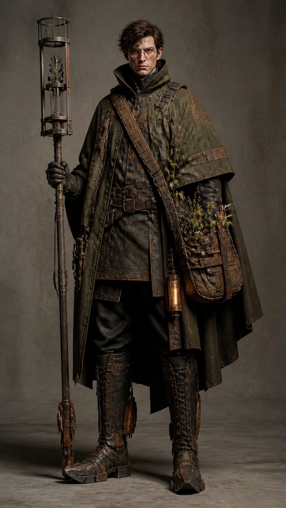 full-body original character: a wandering botanist with a satchel of plants, a patched green cloak, tall boots and round glasses, neutral background — Industrial Furniture Art character design