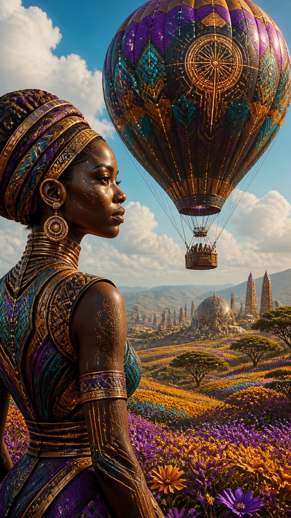 a hot air balloon drifting over rolling flower fields on a sunny day, cheerful, no text — Afrofuturism Art Style greeting card