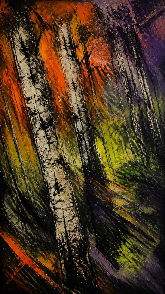 a serene birch forest in soft morning light, no people, no text — Expressionism Art Style wall art print