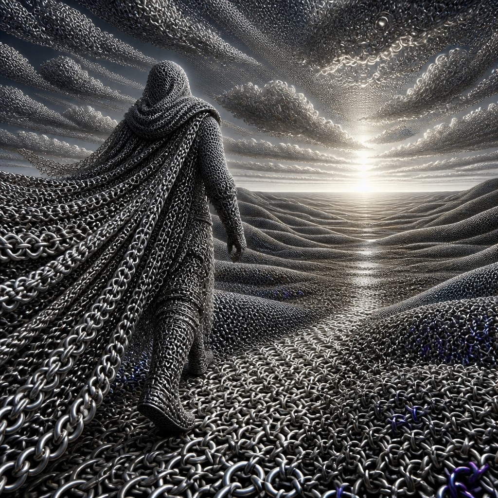 a solitary figure walking toward a glowing horizon across an empty plain, moody atmosphere, no text or lettering — Chainmail Jewelry Style album cover