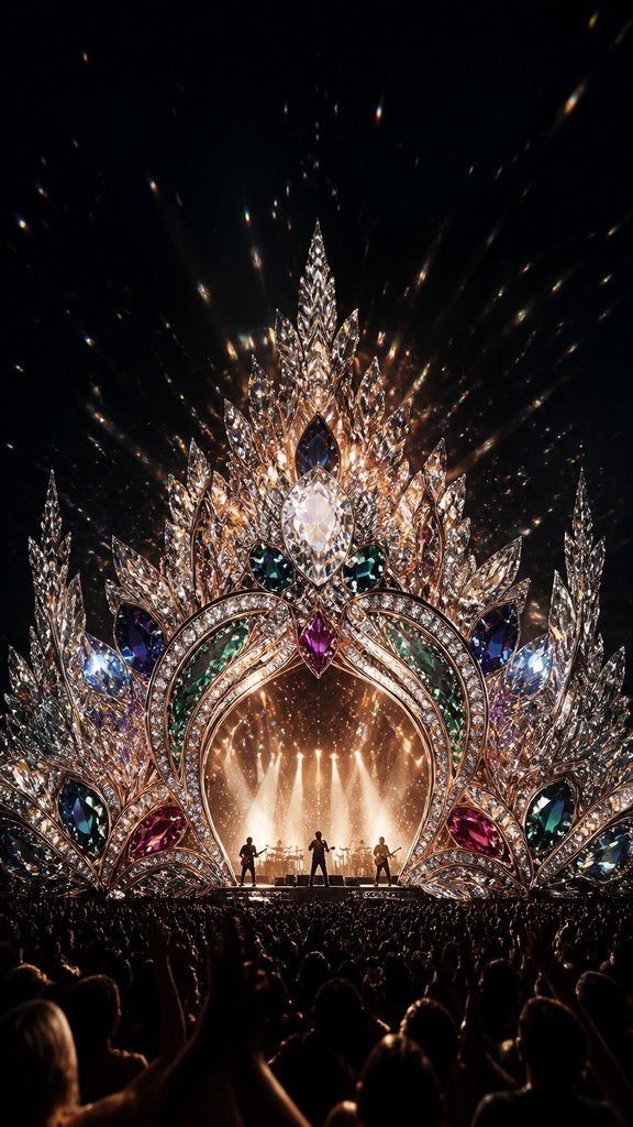 a live music scene with a glowing stage and silhouetted crowd, energetic vertical composition with open space at the top, no text — Luxury High Jewelry Design flyer