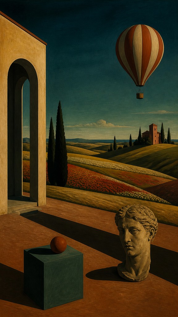 a hot air balloon drifting over rolling flower fields on a sunny day, cheerful, no text — Metaphysical Painting Art Style greeting card