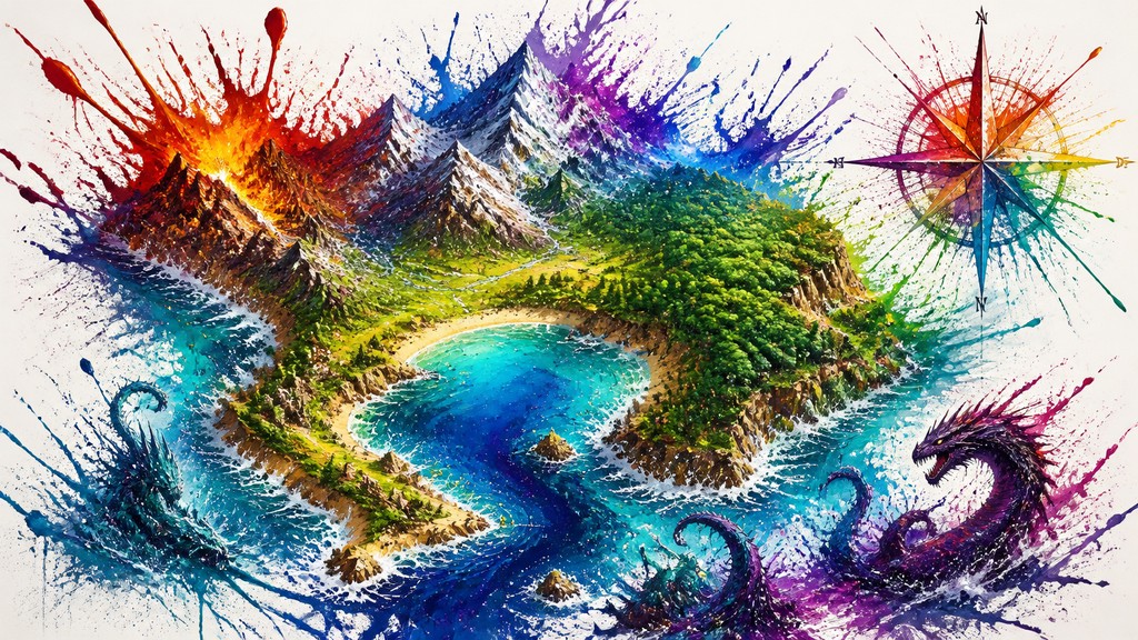 a map of an island realm with mountains, forests, a sheltered bay, sea monsters in the water and a compass rose, no text labels — Color Splash fantasy map